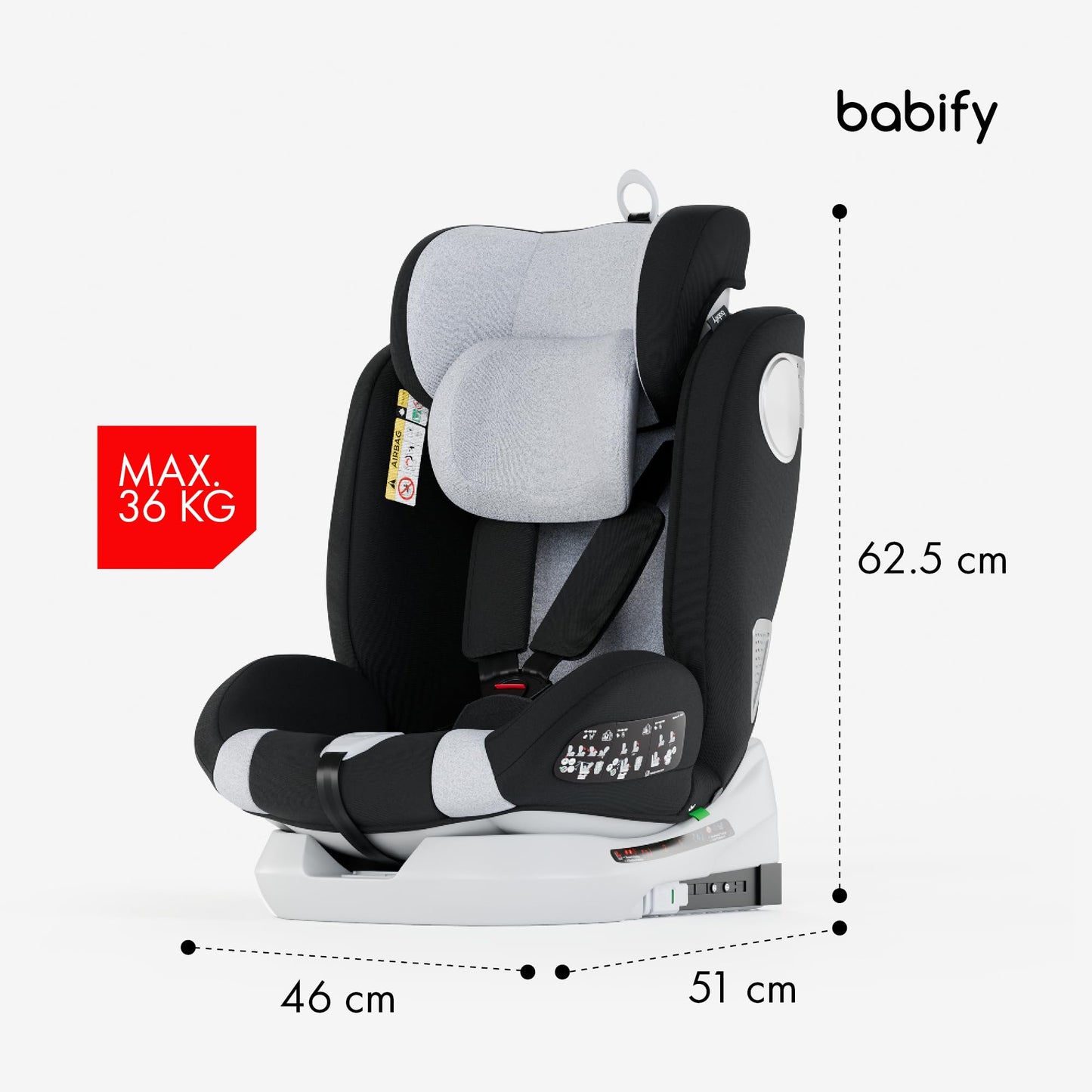 Babify Onboard Silla de Coche Isofix para Bebés y Niños, 0 Meses - 12 Años, Apta Desde 40-150 cm Ajustable 360º, Asiento Portátil y Seguro i-Size ECE R129