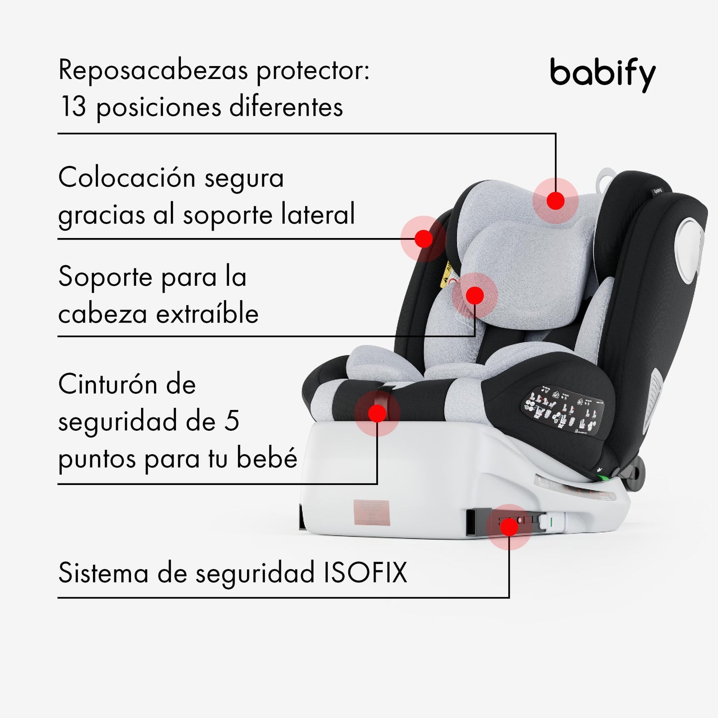 Babify Onboard Silla de Coche Isofix para Bebés y Niños, 0 Meses - 12 Años, Apta Desde 40-150 cm Ajustable 360º, Asiento Portátil y Seguro i-Size ECE R129